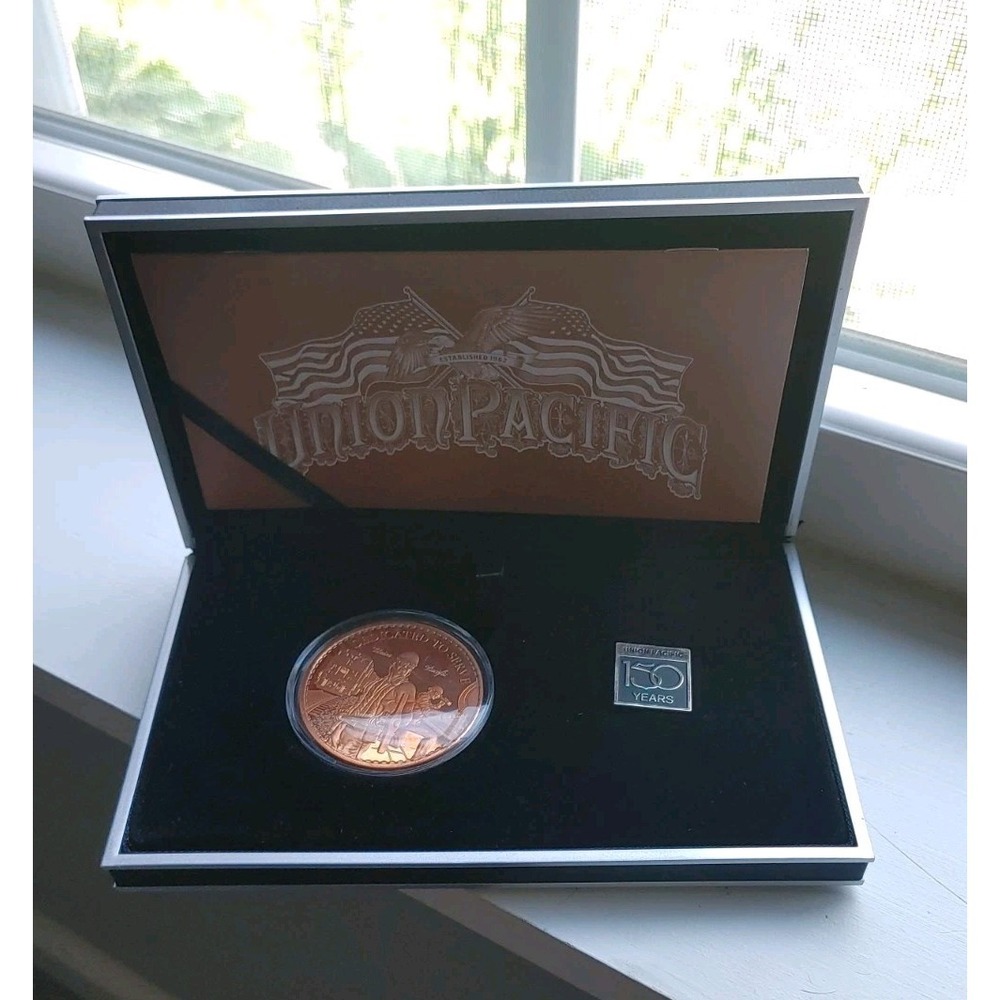 Union Pacific 150 Years Commemorative Employee Copper Medal Display Box & Pin